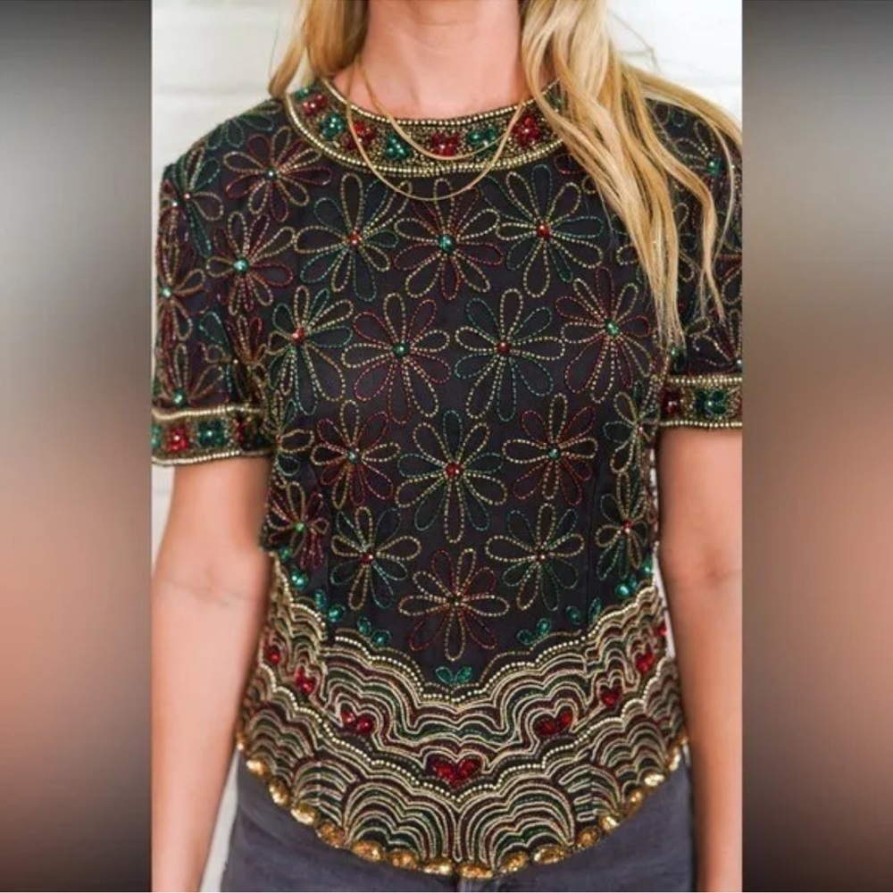 Laurence Kazar Sequin Beaded Floral 100% Silk Short Sleeve Top M Vintage NWOT